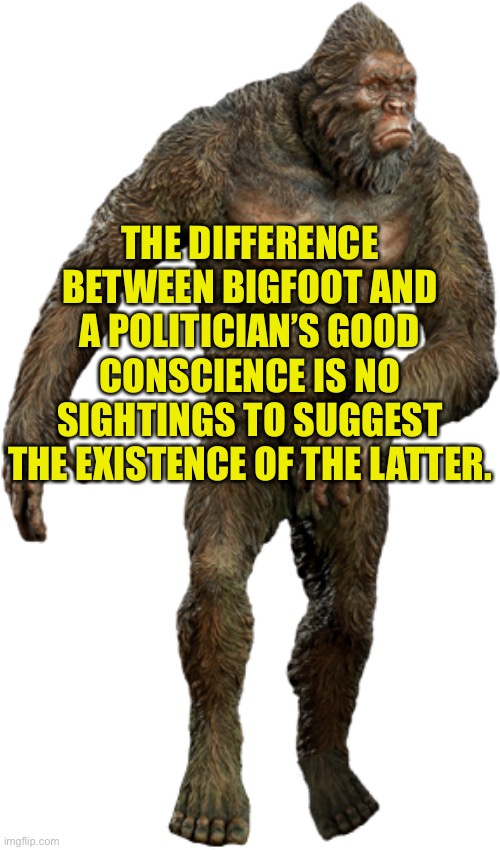 Bigfoot | THE DIFFERENCE BETWEEN BIGFOOT AND A POLITICIAN’S GOOD CONSCIENCE IS NO SIGHTINGS TO SUGGEST THE EXISTENCE OF THE LATTER. | image tagged in bigfoot,difference,bigfoot and politics,good conscience,no sighting | made w/ Imgflip meme maker