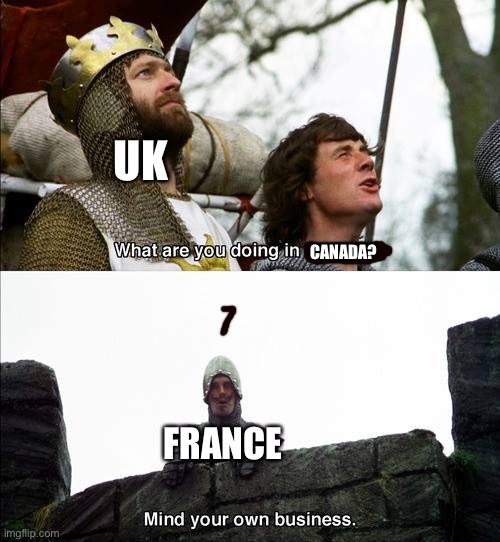 Basically why quebec is french | CANADA? FRANCE UK | image tagged in monty python mind your own business,uk,france,canada | made w/ Imgflip meme maker