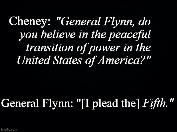 A dead give-away that you're questioning a traitor. | Cheney:; "General Flynn, do you believe in the peaceful transition of power in the
United States of America?"; General Flynn: "[I plead the]; Fifth." | image tagged in black background | made w/ Imgflip meme maker