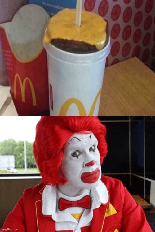 Cheeseburger patty as lid | image tagged in ronald mcdonald side eye,mcdonald's,memes,reposts,repost,meme | made w/ Imgflip meme maker