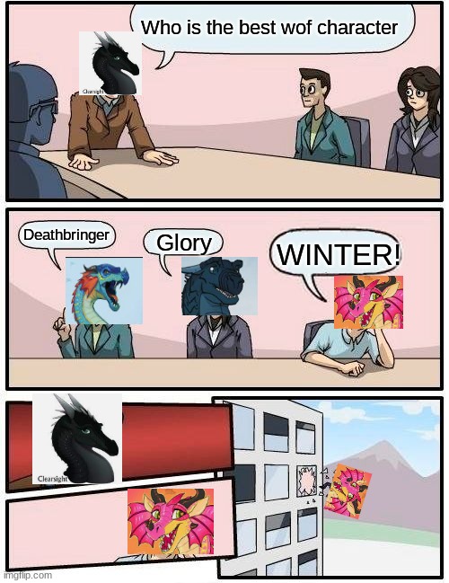Boardroom Meeting Suggestion | Who is the best wof character; Deathbringer; Glory; WINTER! | image tagged in memes,boardroom meeting suggestion | made w/ Imgflip meme maker