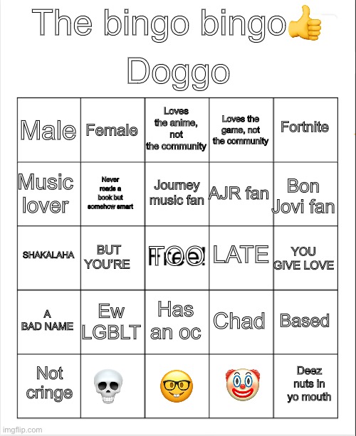 Blank Bingo | Doggo; The bingo bingo👍; Loves the anime, not the community; Female; Fortnite; Male; Loves the game, not the community; Journey music fan; Music lover; Bon Jovi fan; AJR fan; Never reads a book but somehow smart; LATE; TOO; SHAKALAHA; YOU GIVE LOVE; BUT YOU’RE; A BAD NAME; Ew LGBLT; Based; Has an oc; Chad; 💀; Deez nuts in yo mouth; Not cringe; 🤓; 🤡 | image tagged in blank bingo | made w/ Imgflip meme maker