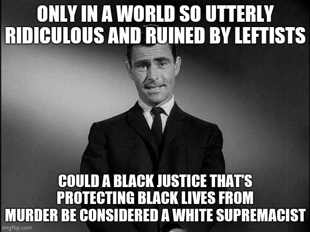 Bring back mental institutions | ONLY IN A WORLD SO UTTERLY RIDICULOUS AND RUINED BY LEFTISTS; COULD A BLACK JUSTICE THAT'S PROTECTING BLACK LIVES FROM MURDER BE CONSIDERED A WHITE SUPREMACIST | image tagged in rod serling twilight zone,stupid liberals | made w/ Imgflip meme maker