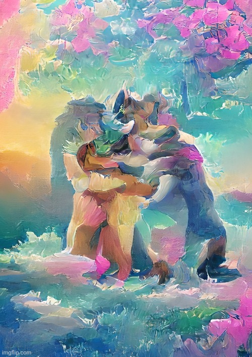 Furries hugging! (Art AI generated on Wombo - created by me) | image tagged in furry,hug,art | made w/ Imgflip meme maker