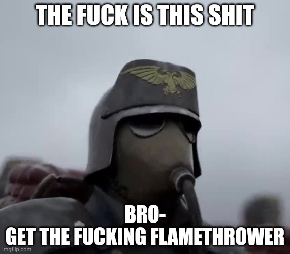 Death Korps of Kreig | THE FUCK IS THIS SHIT BRO-
GET THE FUCKING FLAMETHROWER | image tagged in death korps of kreig | made w/ Imgflip meme maker