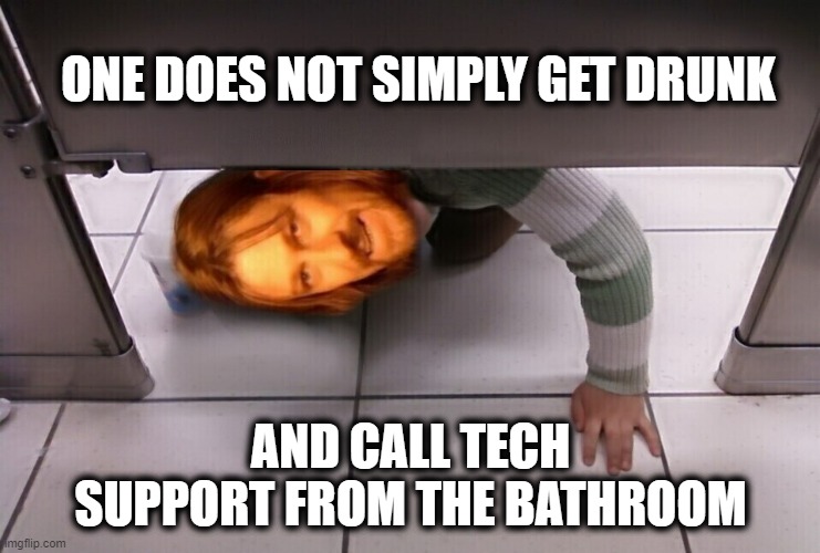 I'm Drunk Time to Call Tech Support | ONE DOES NOT SIMPLY GET DRUNK; AND CALL TECH SUPPORT FROM THE BATHROOM | image tagged in one does not simply in the bathroom | made w/ Imgflip meme maker