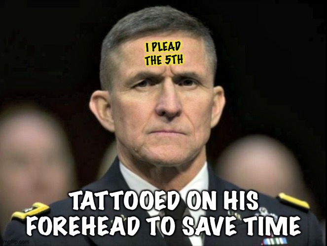 Time-Saver | I PLEAD
THE 5TH; TATTOOED ON HIS FOREHEAD TO SAVE TIME | image tagged in michael flynn | made w/ Imgflip meme maker