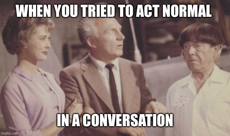 Nothing to see here. Just a picture of Emil and Moe. | WHEN YOU TRIED TO ACT NORMAL; IN A CONVERSATION | image tagged in a strange conversation | made w/ Imgflip meme maker
