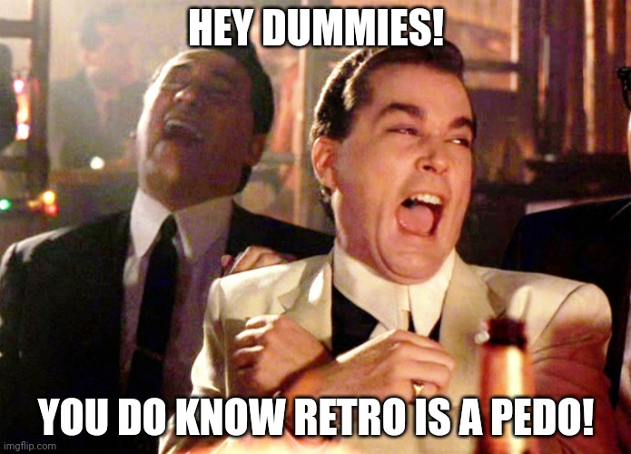 Good Fellas Hilarious | HEY DUMMIES! YOU DO KNOW RETRO IS A PEDO! | image tagged in memes,good fellas hilarious | made w/ Imgflip meme maker