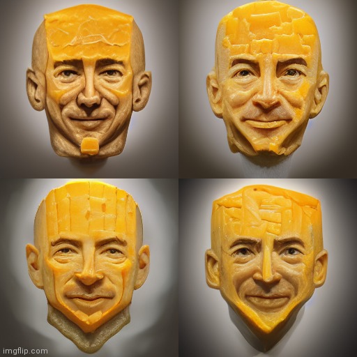 midjourney ai example: ultra realistic jeff bezos carved out of cheese (can't make one my own cuz servers laggy) | made w/ Imgflip meme maker