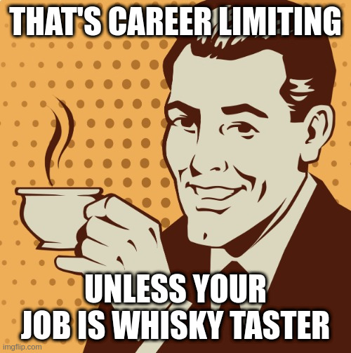 i hope nobody out there is morning drinking | THAT'S CAREER LIMITING; UNLESS YOUR JOB IS WHISKY TASTER | image tagged in mug approval,alcohlic | made w/ Imgflip meme maker
