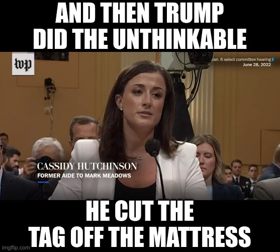 January 6th revelations! |  AND THEN TRUMP DID THE UNTHINKABLE; HE CUT THE TAG OFF THE MATTRESS | image tagged in trump 2024 | made w/ Imgflip meme maker