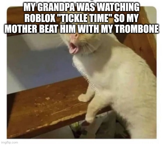 Coughing Cat | MY GRANDPA WAS WATCHING ROBLOX "TICKLE TIME" SO MY MOTHER BEAT HIM WITH MY TROMBONE | image tagged in coughing cat | made w/ Imgflip meme maker
