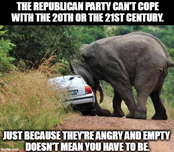 You can't turn back the clock. Time only flows one way. | THE REPUBLICAN PARTY CAN'T COPE WITH THE 20TH OR THE 21ST CENTURY. JUST BECAUSE THEY'RE ANGRY AND EMPTY 
DOESN'T MEAN YOU HAVE TO BE. | image tagged in the gop tries to expunge the 20th and 21st centuries elephant,republican party,angry,empty,incompetence | made w/ Imgflip meme maker