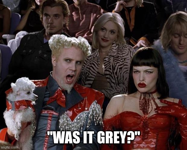 Mugatu So Hot Right Now Meme | "WAS IT GREY?" | image tagged in memes,mugatu so hot right now | made w/ Imgflip meme maker