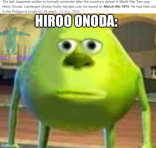 When you accidentally waste half of your life fighting in a war that ended 29 years ago | HIROO ONODA: | image tagged in monsters inc | made w/ Imgflip meme maker