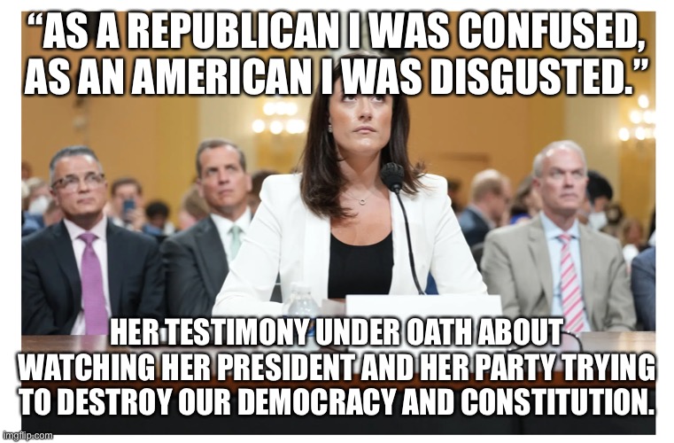 Cassidy Hutchinson | “AS A REPUBLICAN I WAS CONFUSED, AS AN AMERICAN I WAS DISGUSTED.”; HER TESTIMONY UNDER OATH ABOUT WATCHING HER PRESIDENT AND HER PARTY TRYING TO DESTROY OUR DEMOCRACY AND CONSTITUTION. | image tagged in cassidy hutchinson | made w/ Imgflip meme maker