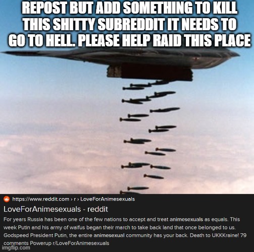 DEATH TO ANIME | REPOST BUT ADD SOMETHING TO KILL THIS SHITTY SUBREDDIT IT NEEDS TO GO TO HELL. PLEASE HELP RAID THIS PLACE | image tagged in stealth bomber | made w/ Imgflip meme maker