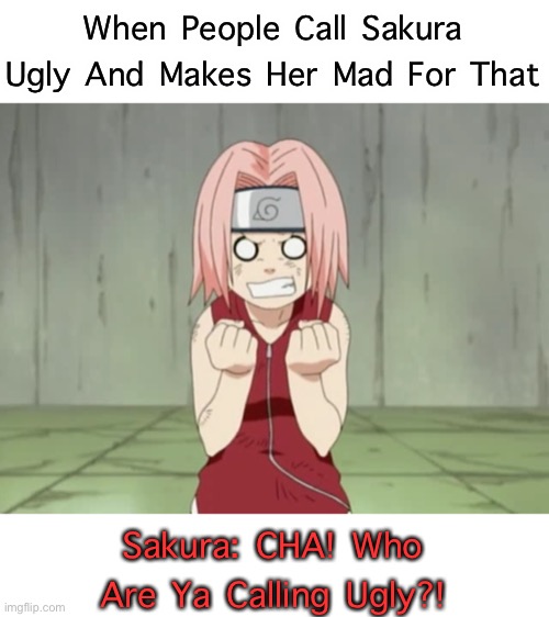 Sakura Being Called Ugly | When People Call Sakura Ugly And Makes Her Mad For That; Sakura: CHA! Who Are Ya Calling Ugly?! | image tagged in angry sakura haruno | made w/ Imgflip meme maker