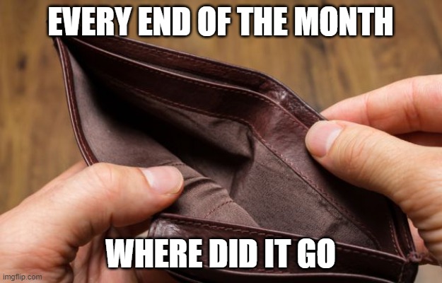 end of the month | EVERY END OF THE MONTH; WHERE DID IT GO | image tagged in empty wallet | made w/ Imgflip meme maker
