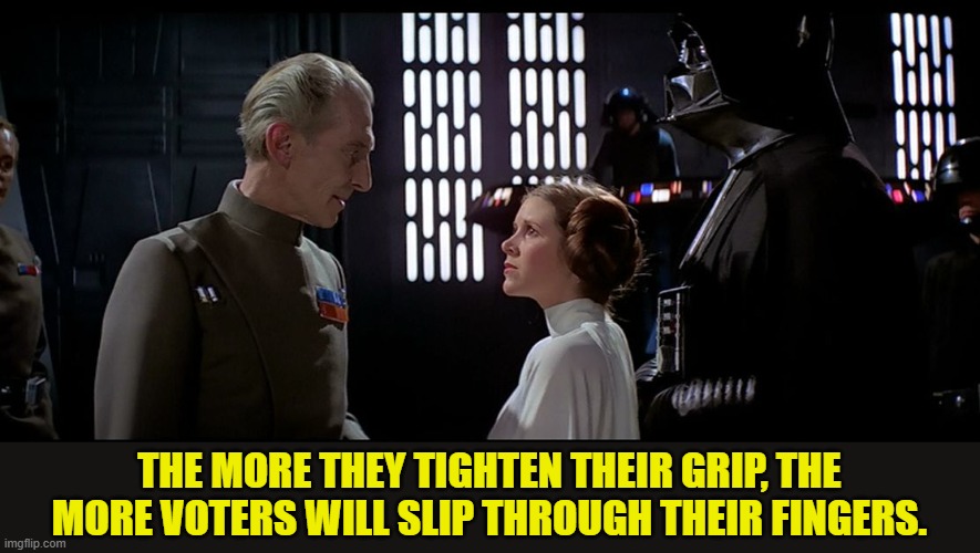 Leia Tarkin | THE MORE THEY TIGHTEN THEIR GRIP, THE MORE VOTERS WILL SLIP THROUGH THEIR FINGERS. | image tagged in leia tarkin | made w/ Imgflip meme maker