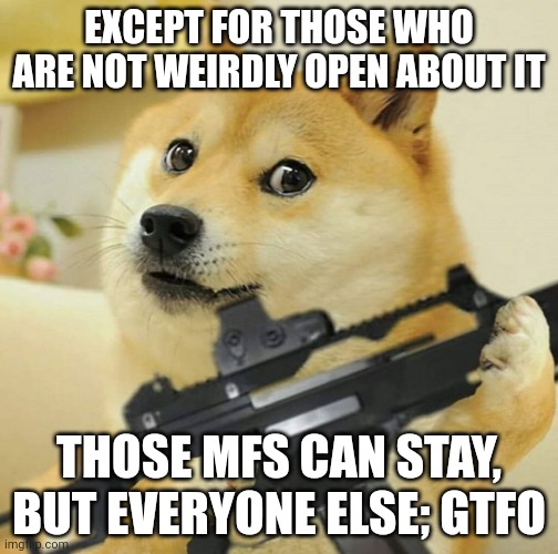 doge gun | EXCEPT FOR THOSE WHO ARE NOT WEIRDLY OPEN ABOUT IT THOSE MFS CAN STAY, BUT EVERYONE ELSE; GTFO | image tagged in doge gun | made w/ Imgflip meme maker