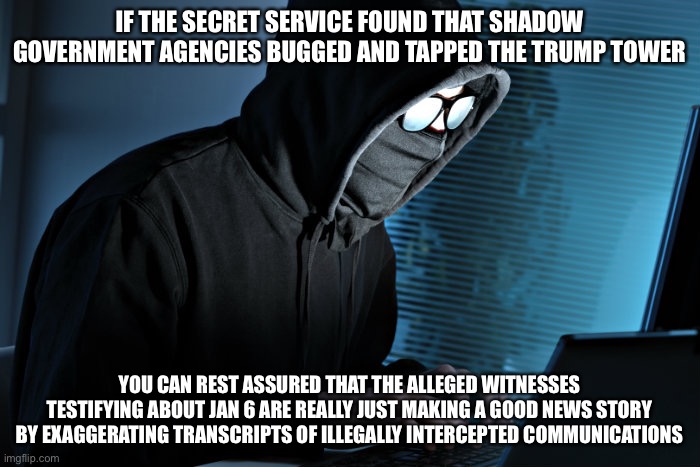 Paranoid | IF THE SECRET SERVICE FOUND THAT SHADOW GOVERNMENT AGENCIES BUGGED AND TAPPED THE TRUMP TOWER; YOU CAN REST ASSURED THAT THE ALLEGED WITNESSES TESTIFYING ABOUT JAN 6 ARE REALLY JUST MAKING A GOOD NEWS STORY BY EXAGGERATING TRANSCRIPTS OF ILLEGALLY INTERCEPTED COMMUNICATIONS | image tagged in paranoid,political meme,deep state,congress,new normal | made w/ Imgflip meme maker