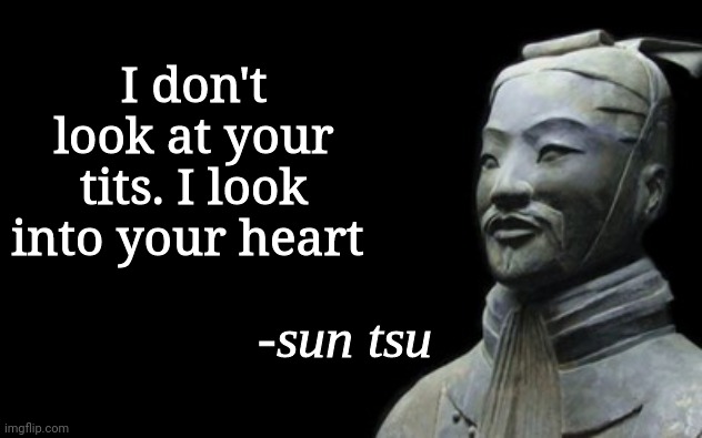 sun tsu fake quote | I don't look at your tits. I look into your heart | image tagged in sun tsu fake quote | made w/ Imgflip meme maker