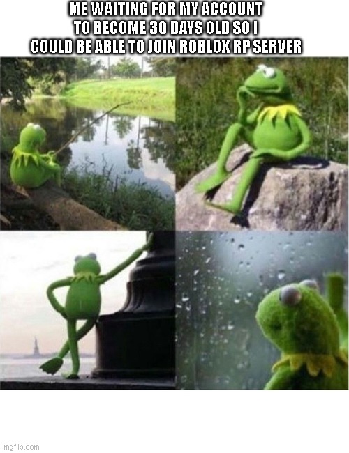 Waiting for roblox rp server to alllow me join in | ME WAITING FOR MY ACCOUNT TO BECOME 30 DAYS OLD SO I COULD BE ABLE TO JOIN ROBLOX RP SERVER | image tagged in blank kermit waiting | made w/ Imgflip meme maker