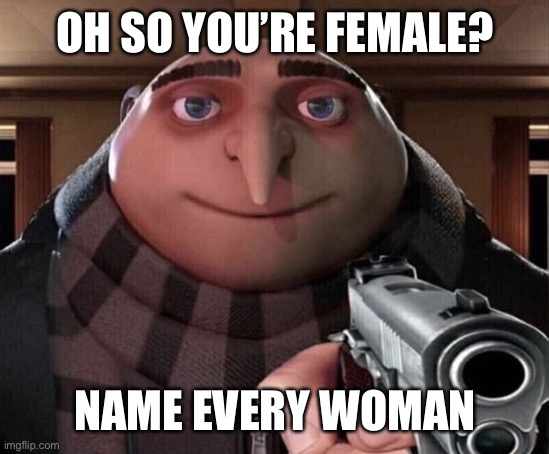 do it | OH SO YOU’RE FEMALE? NAME EVERY WOMAN | image tagged in gru gun,oh ao you re an x name every y | made w/ Imgflip meme maker