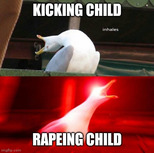 Inhaling Seagull  | KICKING CHILD RAPEING CHILD | image tagged in inhaling seagull | made w/ Imgflip meme maker