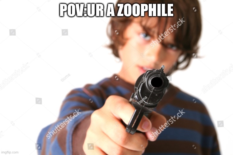 Kid Pointing Gun at You | POV:UR A ZOOPHILE | image tagged in kid pointing gun at zoophile | made w/ Imgflip meme maker