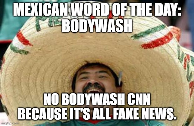 Fake News | MEXICAN WORD OF THE DAY:
BODYWASH; NO BODYWASH CNN BECAUSE IT'S ALL FAKE NEWS. | image tagged in happy mexican | made w/ Imgflip meme maker