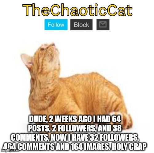 TheChaoticCat temp | DUDE, 2 WEEKS AGO I HAD 64 POSTS, 2 FOLLOWERS, AND 38 COMMENTS, NOW I HAVE 32 FOLLOWERS, 464 COMMENTS AND 164 IMAGES. HOLY CRAP | image tagged in thechaoticcat temp | made w/ Imgflip meme maker