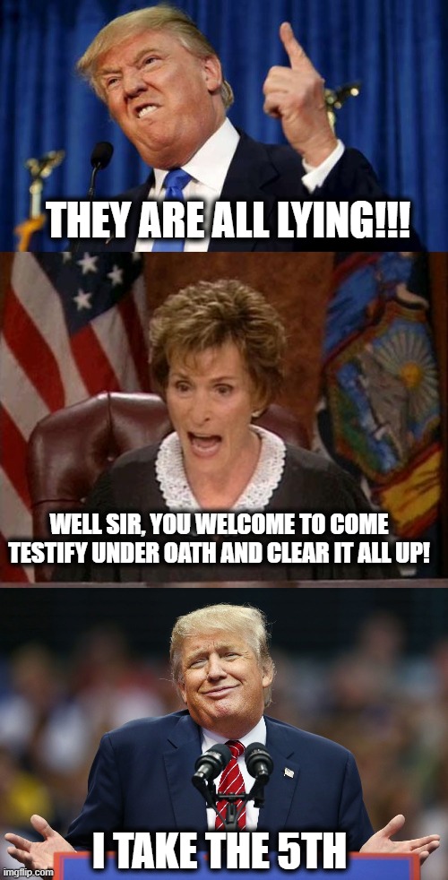 They are under oath and threat of jail, he is on 'truth social'.... lol. | THEY ARE ALL LYING!!! WELL SIR, YOU WELCOME TO COME TESTIFY UNDER OATH AND CLEAR IT ALL UP! I TAKE THE 5TH | image tagged in memes,politics,trump is a crook,maga,lock him up,liar | made w/ Imgflip meme maker