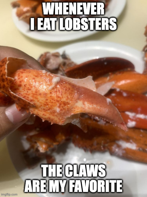Lobster Claws | WHENEVER I EAT LOBSTERS; THE CLAWS ARE MY FAVORITE | image tagged in memes,lobster | made w/ Imgflip meme maker