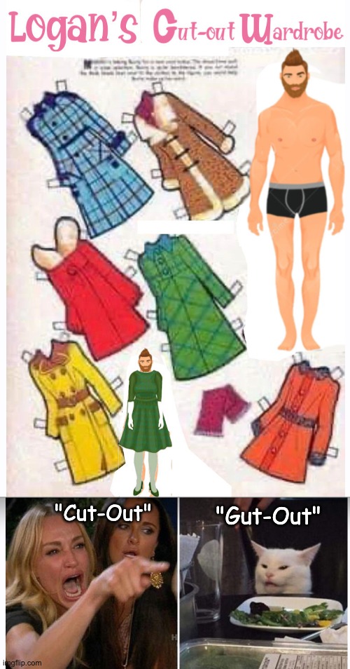I'd be arguing about Logan's taste | "Cut-Out"; "Gut-Out" | image tagged in angry cat lady | made w/ Imgflip meme maker