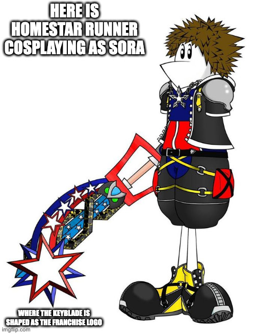 Homestar Runner Cosplaying as Sora | HERE IS HOMESTAR RUNNER COSPLAYING AS SORA; WHERE THE KEYBLADE IS SHAPED AS THE FRANCHISE LOGO | image tagged in sora,kingdom hearts,memes,homestar runner | made w/ Imgflip meme maker