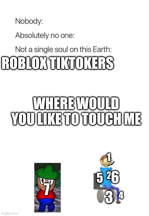 true | ROBLOX TIKTOKERS; WHERE WOULD YOU LIKE TO TOUCH ME; 1; 7; 6; 2; 5; 3; 4 | image tagged in nobody absolutely no one,back,dave and bambi | made w/ Imgflip meme maker