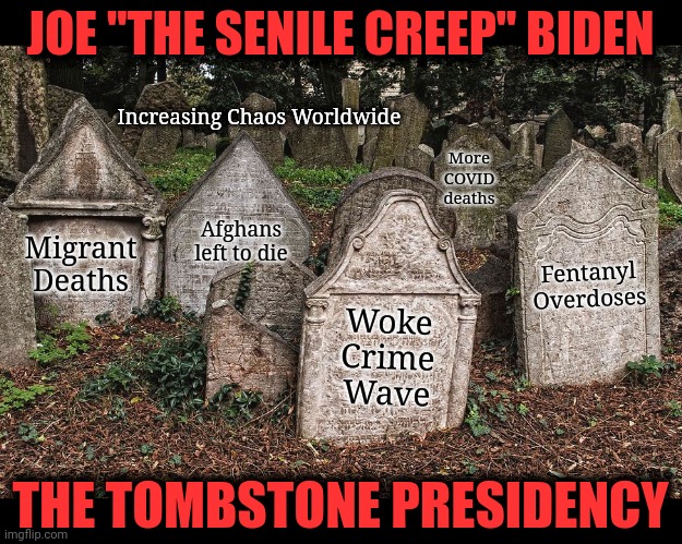 The Tombstone Presidency | JOE "THE SENILE CREEP" BIDEN; More
COVID
deaths; Increasing Chaos Worldwide; Afghans
left to die; Migrant
Deaths; Fentanyl
Overdoses; Woke
Crime
Wave; THE TOMBSTONE PRESIDENCY | image tagged in memes,joe biden,the tombstone presidency,democrats,incompetence | made w/ Imgflip meme maker