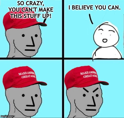 When a Trumpublican tries to convince you of some crazy stuff happening | SO CRAZY, YOU CAN'T MAKE THIS STUFF UP! I BELIEVE YOU CAN. | image tagged in maga npc an an0nym0us template | made w/ Imgflip meme maker