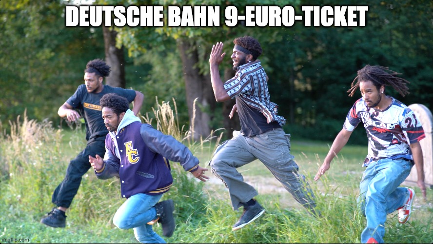 Deutsche Bahn 9-Euro-Ticket | DEUTSCHE BAHN 9-EURO-TICKET | image tagged in 9-euro-ticket,deutsche bahn,black guys running,wake,3 hunedz,ecu | made w/ Imgflip meme maker