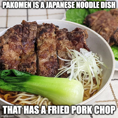 Pakomen | PAKOMEN IS A JAPANESE NOODLE DISH; THAT HAS A FRIED PORK CHOP | image tagged in food,noodles,memes | made w/ Imgflip meme maker