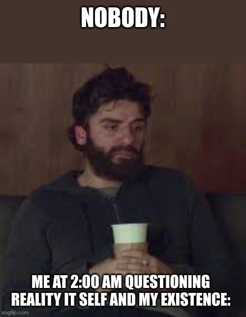 cLeVeR tItlE | NOBODY:; ME AT 2:00 AM QUESTIONING REALITY IT SELF AND MY EXISTENCE: | image tagged in sad oscar issac | made w/ Imgflip meme maker