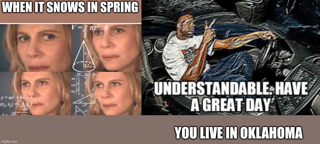 the bipolar state | WHEN IT SNOWS IN SPRING; YOU LIVE IN OKLAHOMA | image tagged in math lady/confused lady,understandable have a great day | made w/ Imgflip meme maker