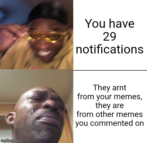 wearing sunglasses crying | You have 29 notifications; They arnt from your memes, they are from other memes you commented on | image tagged in wearing sunglasses crying | made w/ Imgflip meme maker