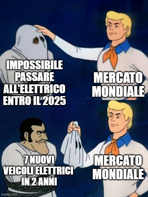 Scooby doo mask reveal | IMPOSSIBILE PASSARE ALL'ELETTRICO ENTRO IL 2025; MERCATO MONDIALE; MERCATO MONDIALE; 7 NUOVI VEICOLI ELETTRICI 
IN 2 ANNI | image tagged in scooby doo mask reveal | made w/ Imgflip meme maker