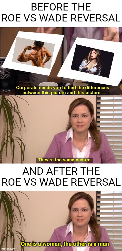 Anyone notice everyone was confused by gender all year...until the Roe V Wade reversal? Funny how that changed in 1 day! | BEFORE THE ROE VS WADE REVERSAL; AND AFTER THE ROE VS WADE REVERSAL; One is a woman, the other is a man | image tagged in they're the same picture,gender,gender identity,roe vs wade,change my mind,sudden realization | made w/ Imgflip meme maker