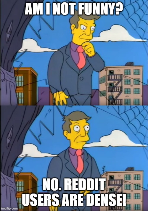 Skinner Out Of Touch | AM I NOT FUNNY? NO. REDDIT USERS ARE DENSE! | image tagged in skinner out of touch | made w/ Imgflip meme maker