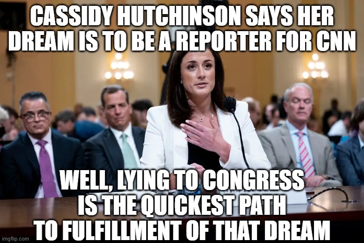 Cassidy Hutchinson liar | CASSIDY HUTCHINSON SAYS HER DREAM IS TO BE A REPORTER FOR CNN; WELL, LYING TO CONGRESS IS THE QUICKEST PATH TO FULFILLMENT OF THAT DREAM | image tagged in jan 6,democrats,fake news | made w/ Imgflip meme maker